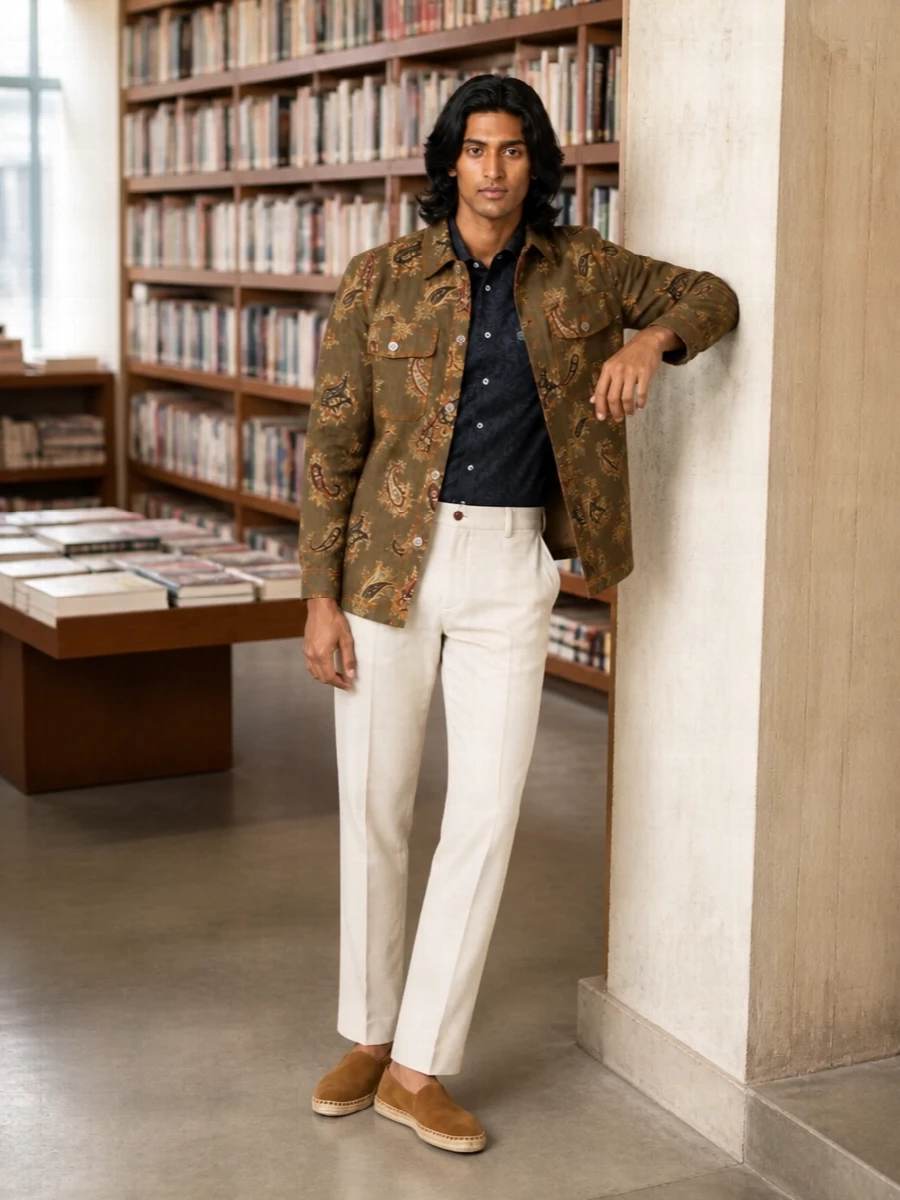Etro paisley jacket cream trousers outfit