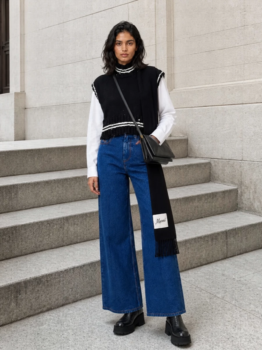 Marni cropped sweater vest wide leg jeans outfit