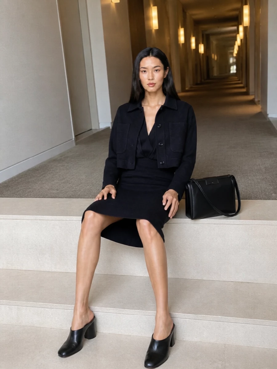 Max mara navy cropped jacket sheath dress outfit