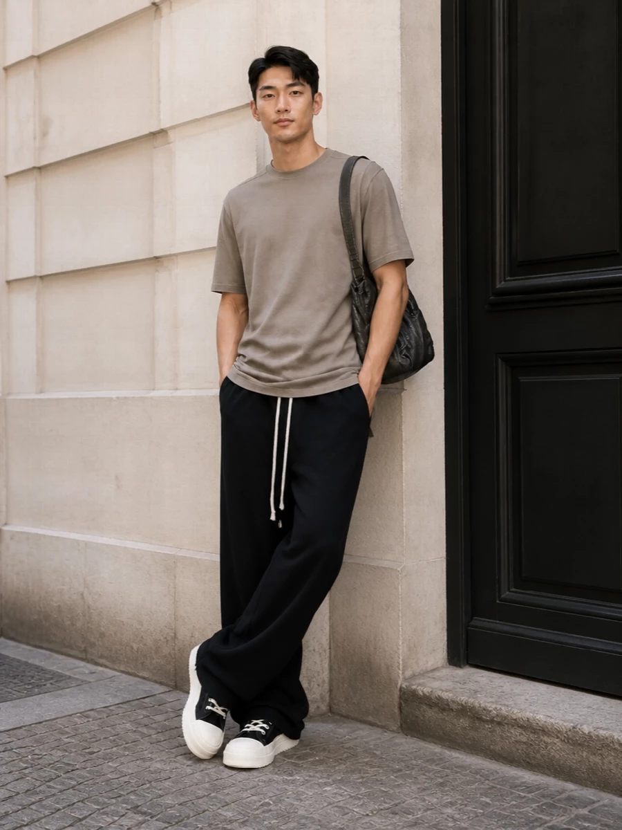 This look builds a soft monochrome story around the wide-leg DRKSHDW track pants, pairing them with the longline taupe tee for an elongated, fluid silhouette that feels true to Rick’s off-duty uniform. Black-and-cream hi-top sneakers echo the drawcords and add architectural weight at the ground, while the crinkled charcoal shoulder bag keeps the mood dark, slouched and quietly luxurious. A discreet black belt sharpens the waist only if revealed, letting the relaxed proportions and muted palette remain the focus.