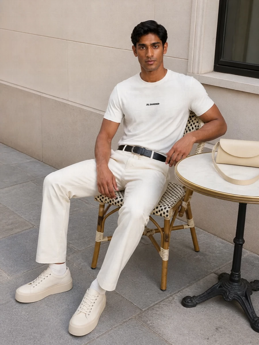 Jil sander white tee cream trousers outfit
