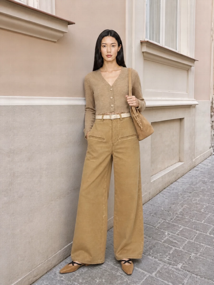 Uma wang camel wide leg trousers cardigan outfit