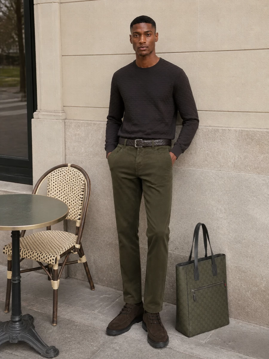Giorgio armani olive chinos brown knit outfit