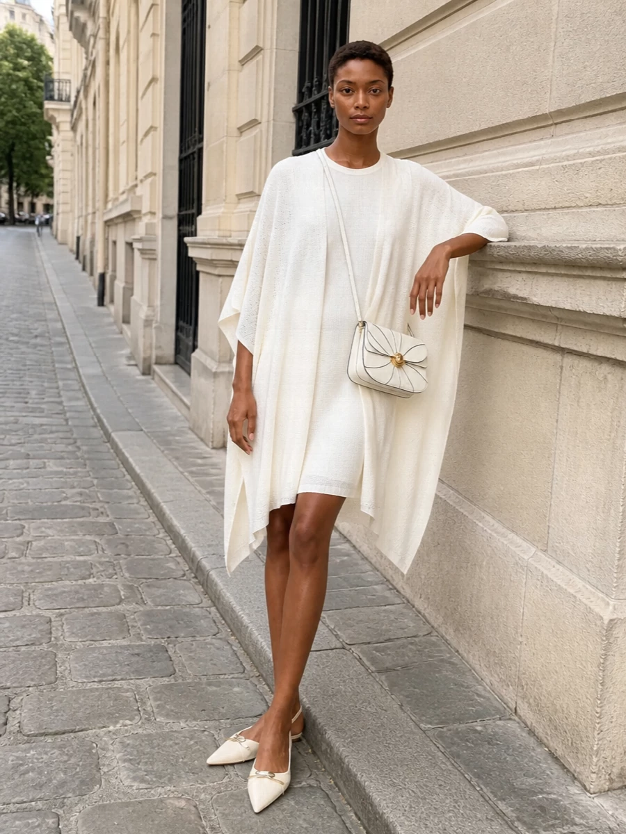 I chose the dress route to keep the cape’s sweep uninterrupted, letting one clean column of white knit sit beneath its drape instead of breaking the line with a separate top and trouser. The result is a tonal Fabiana Filippi story in soft ivory, with a flat pointed slingback and structured cross-body adding quiet precision to an otherwise weightless, summer-ready silhouette. Head-to-toe pale neutrals keep the mood calm and modern rather than bridal, ideal for city days that stretch into dinner.