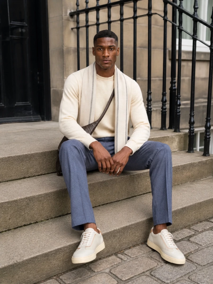 Brunello cucinelli cream sweater slate trousers