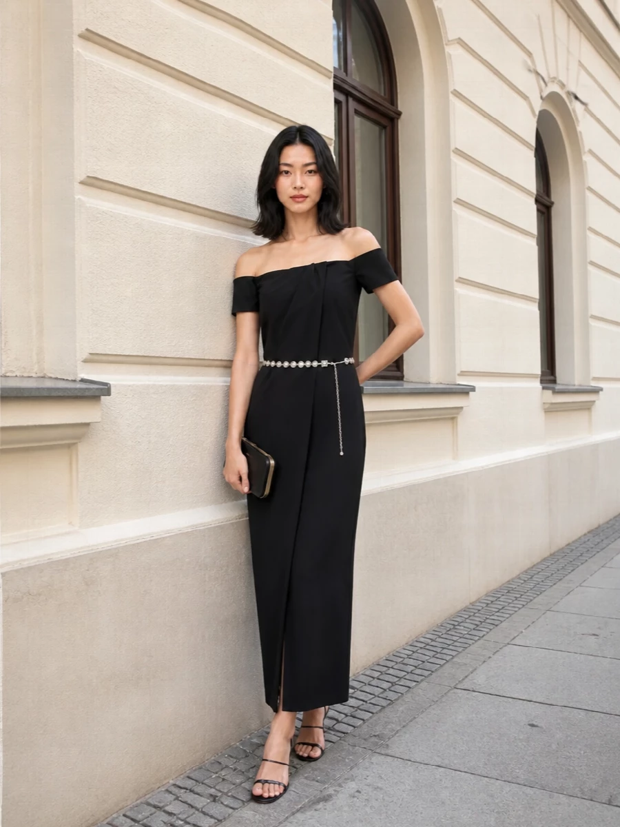 Magda butrym black off shoulder evening dress
