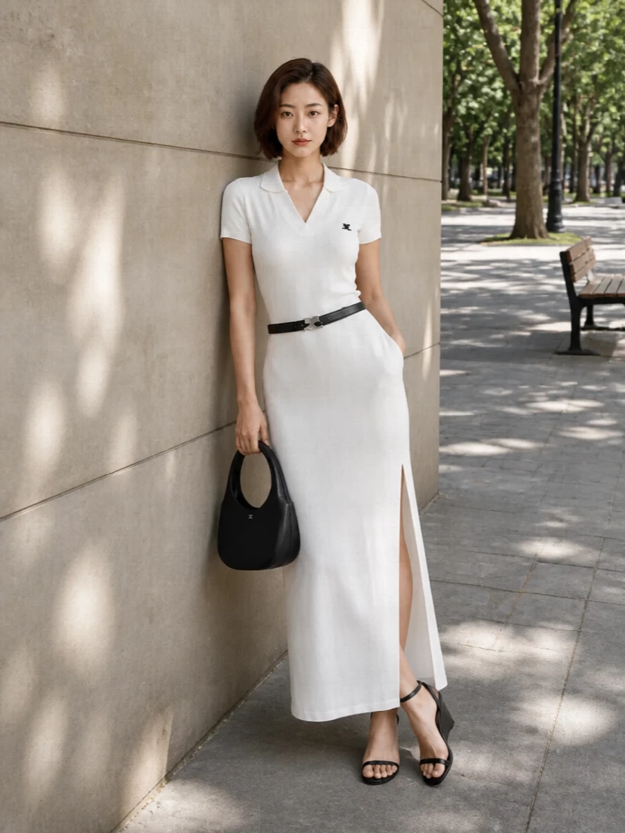 Courreges white polo maxi dress black wedges