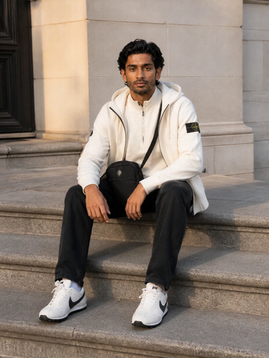 Stone island off white jacket black jeans outfit
