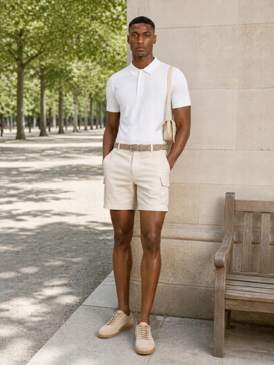 A pale, tonal story of sand and cream keeps this outfit calm and precise, letting the tailored shorts read considered rather than casual. The white polo sharpens the line without feeling formal, while sand suede sneakers and a slim braided belt quietly ground everything in the same soft palette. A buttercream shoulder bag adds just enough structure to carry this from seaside streets to city terraces with the same understated ease.