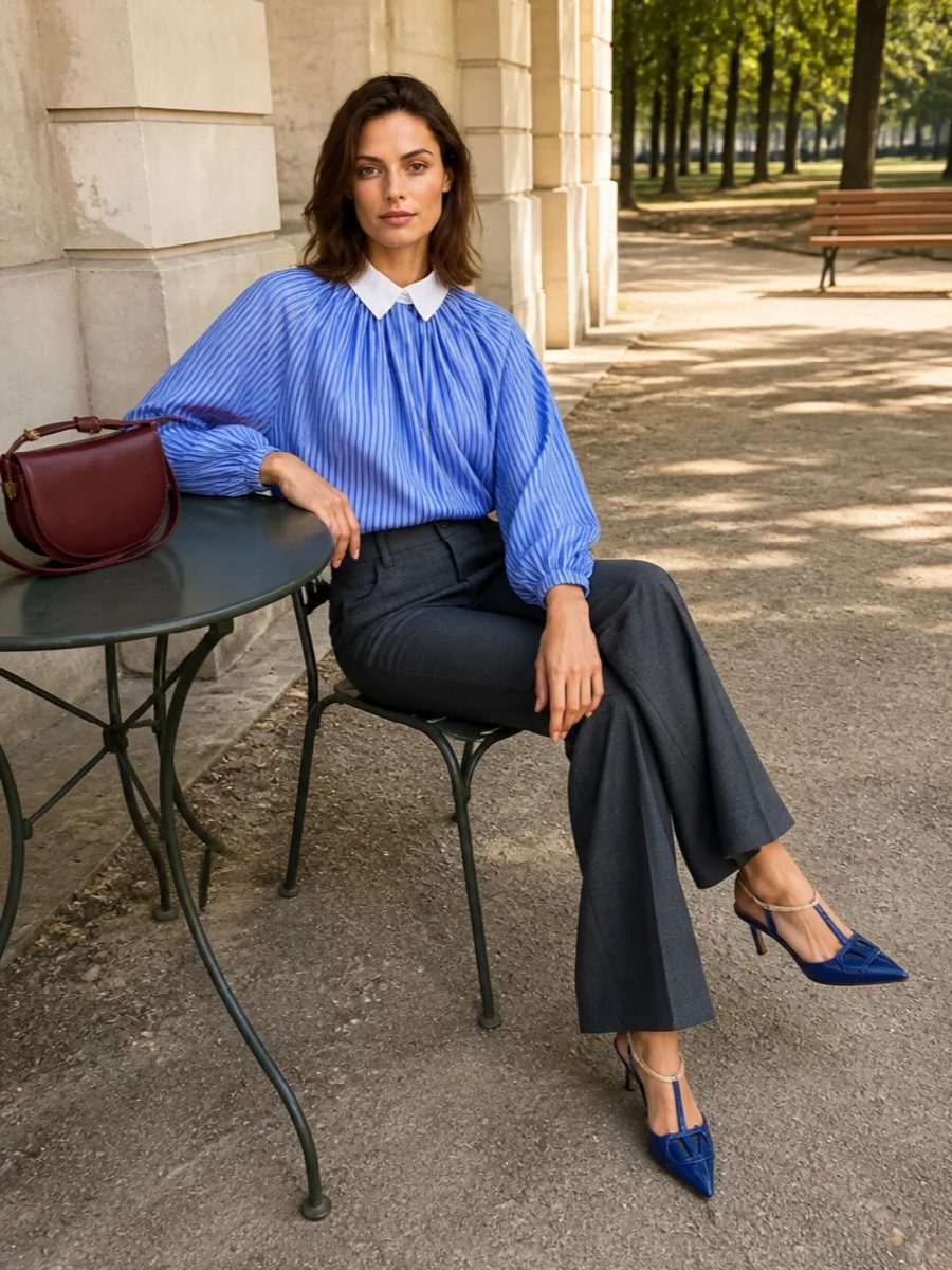 I’m building around tailoring rather than a dress here so the slate T-bar pumps can stay sharp yet soft against fluid volume on top and a long, sculpted leg. The striped Patou blouse brings romantic drama while the charcoal Attico trouser and small burgundy shoulder bag keep the palette moody and modern, perfect for city dinners or gallery evenings where you want presence without hardness.