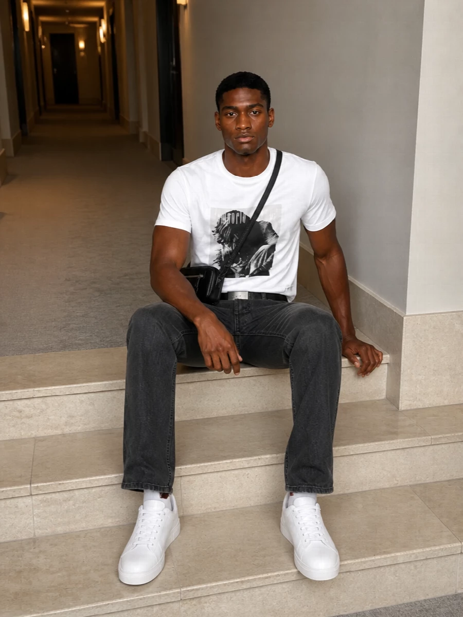 Emporio armani graphic tee charcoal trousers sneakers