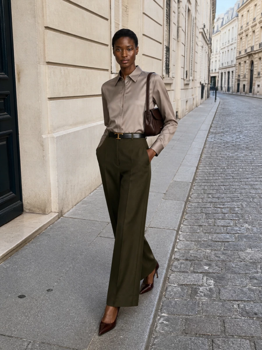 Olive wide leg pants taupe shirt outfit
