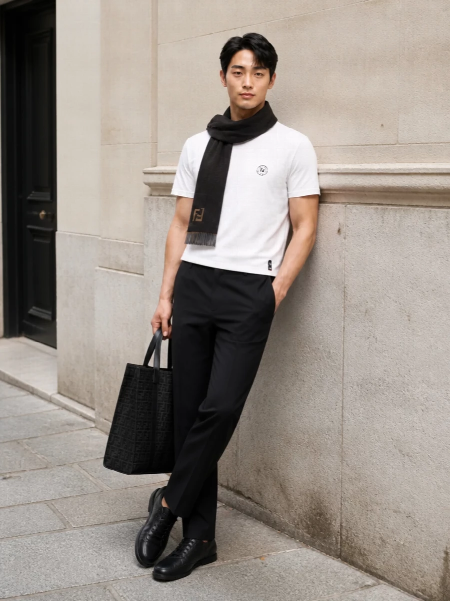 Fendi white t shirt black tailored trousers outfit