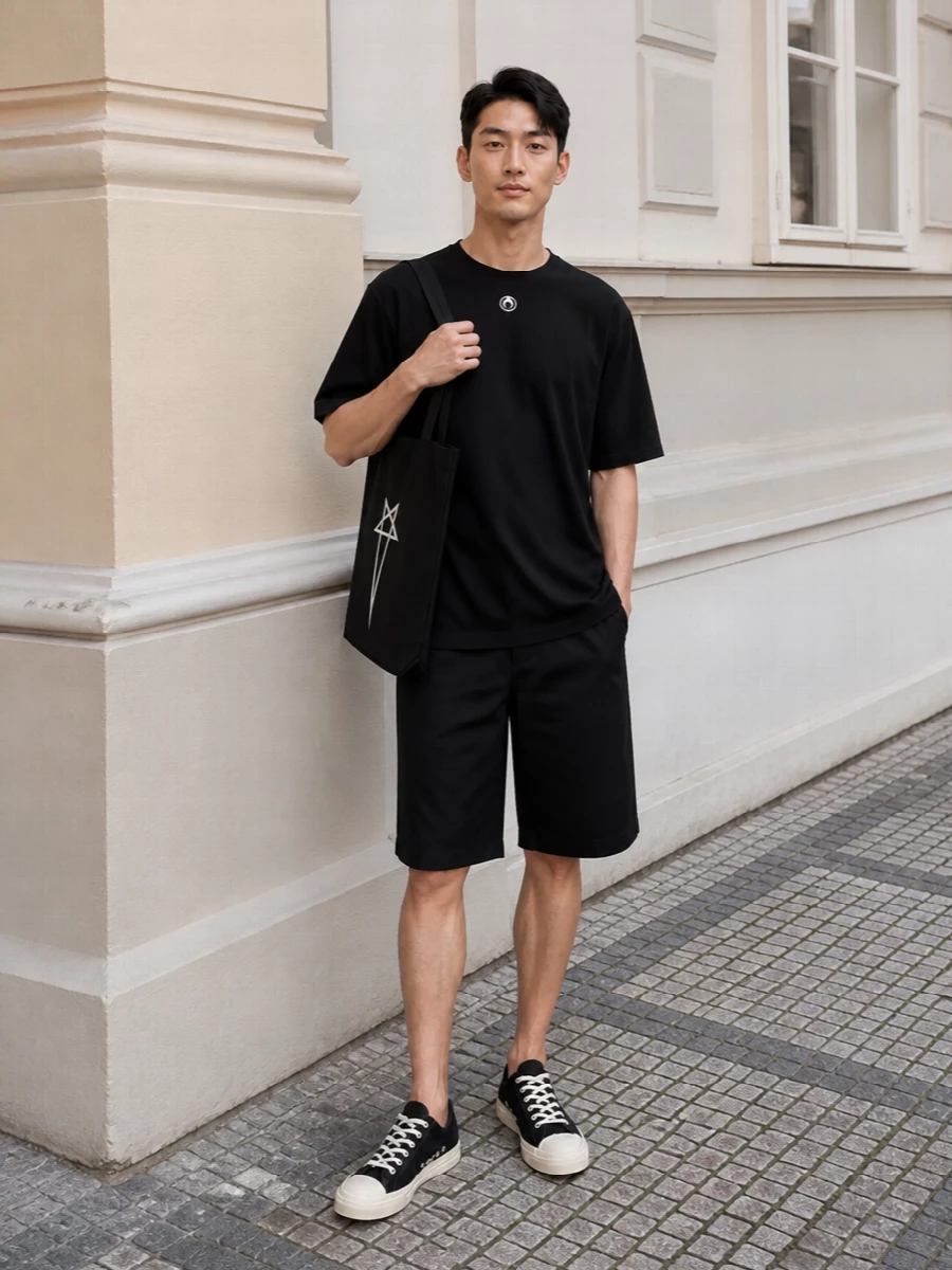 Marine Serre’s longline tee meets clean black Auralee Bermudas for a monochrome, summer-ready street uniform that feels precise but not precious. Rick Owens sneakers and tote keep the lines graphic and directional, so the focus stays on proportion and attitude rather than loud branding. It is an easy city outfit that reads considered from coffee runs to late-night walks.