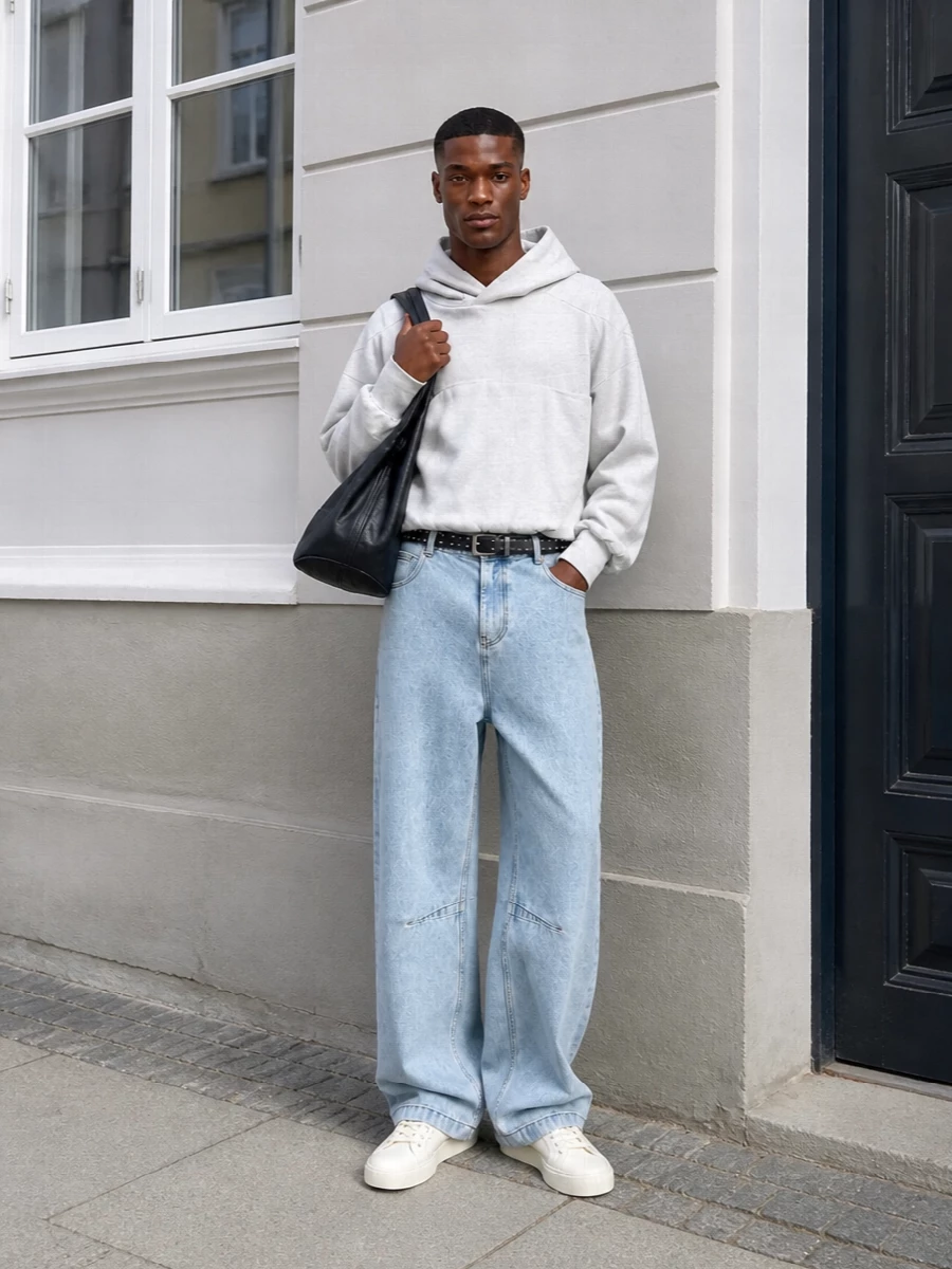 Entire studios light wash jeans grey hoodie outfit