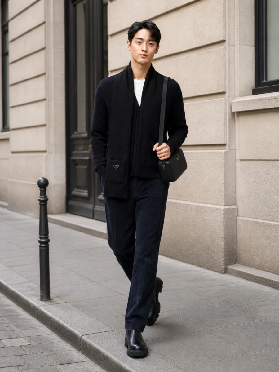 This look leans into Prada’s quiet minimalism: an inky ribbed cardigan paired with equally deep navy corduroy trousers for a tonal, textured column. Black lug-sole Chelsea boots and a compact leather crossbody keep the silhouette sharp and urban, while a ribbed scarf subtly reinforces the refined, winter-ready mood.