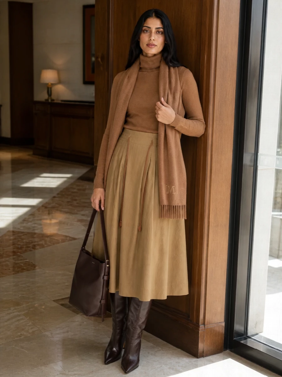 A slim camel turtleneck tucked into the high-waisted pleated skirt creates a clean, sculpted line that feels quietly assured. Dark chocolate knee boots and a matching bucket bag deepen the palette just enough, keeping everything in the same warm spectrum. A soft camel scarf finishes the outfit with texture and warmth while preserving the minimalist, tailored mood.