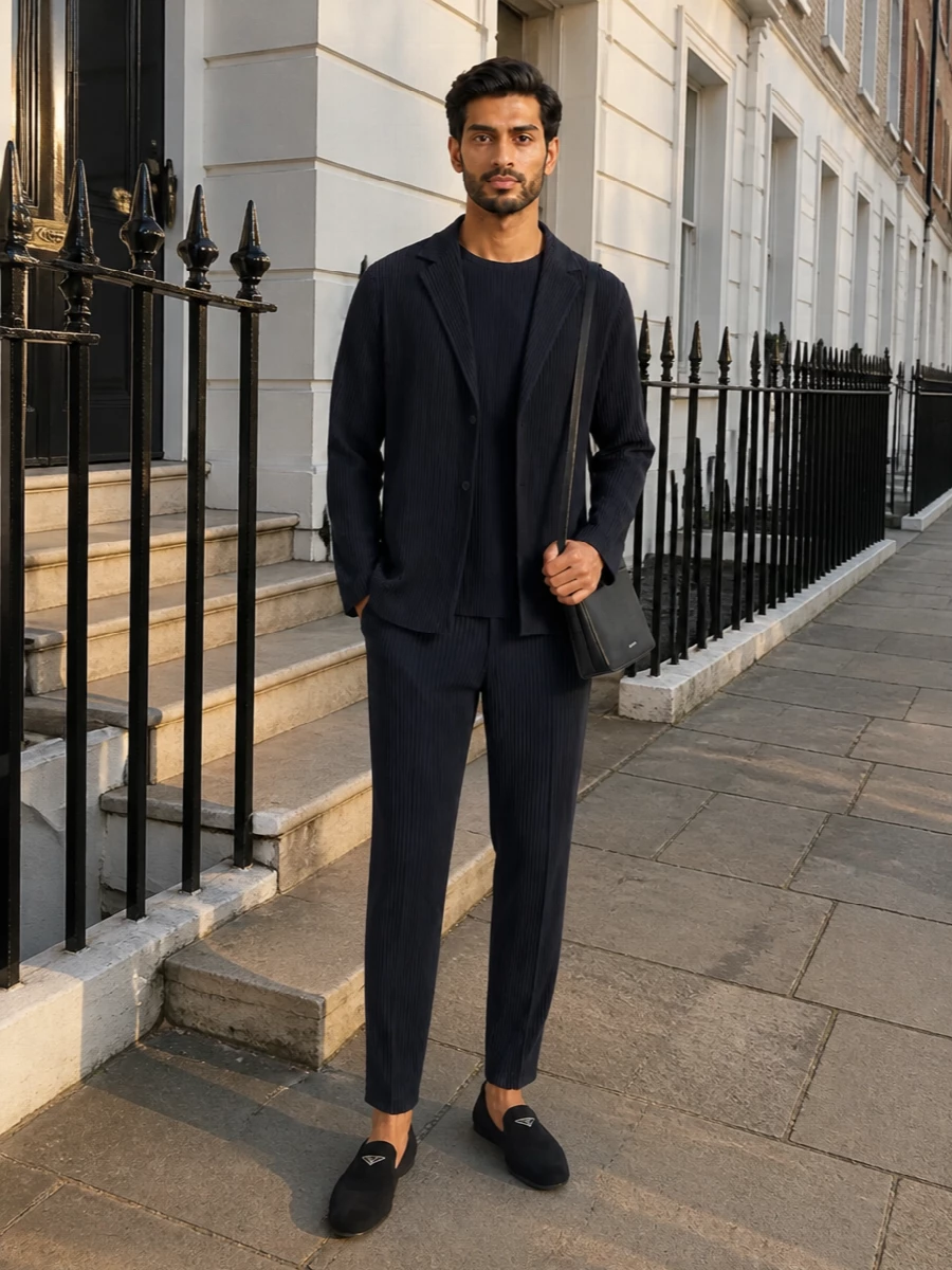 A monochrome Homme Plissé navy column, anchored by precise pleats, reads as a modern, ultra-light take on tailoring. Prada suede loafers and a structured Jil Sander bag sharpen the mood without breaking the quiet line. The result is gallery-dinner ready, polished but soft, and fully coherent in color, fabric and silhouette.