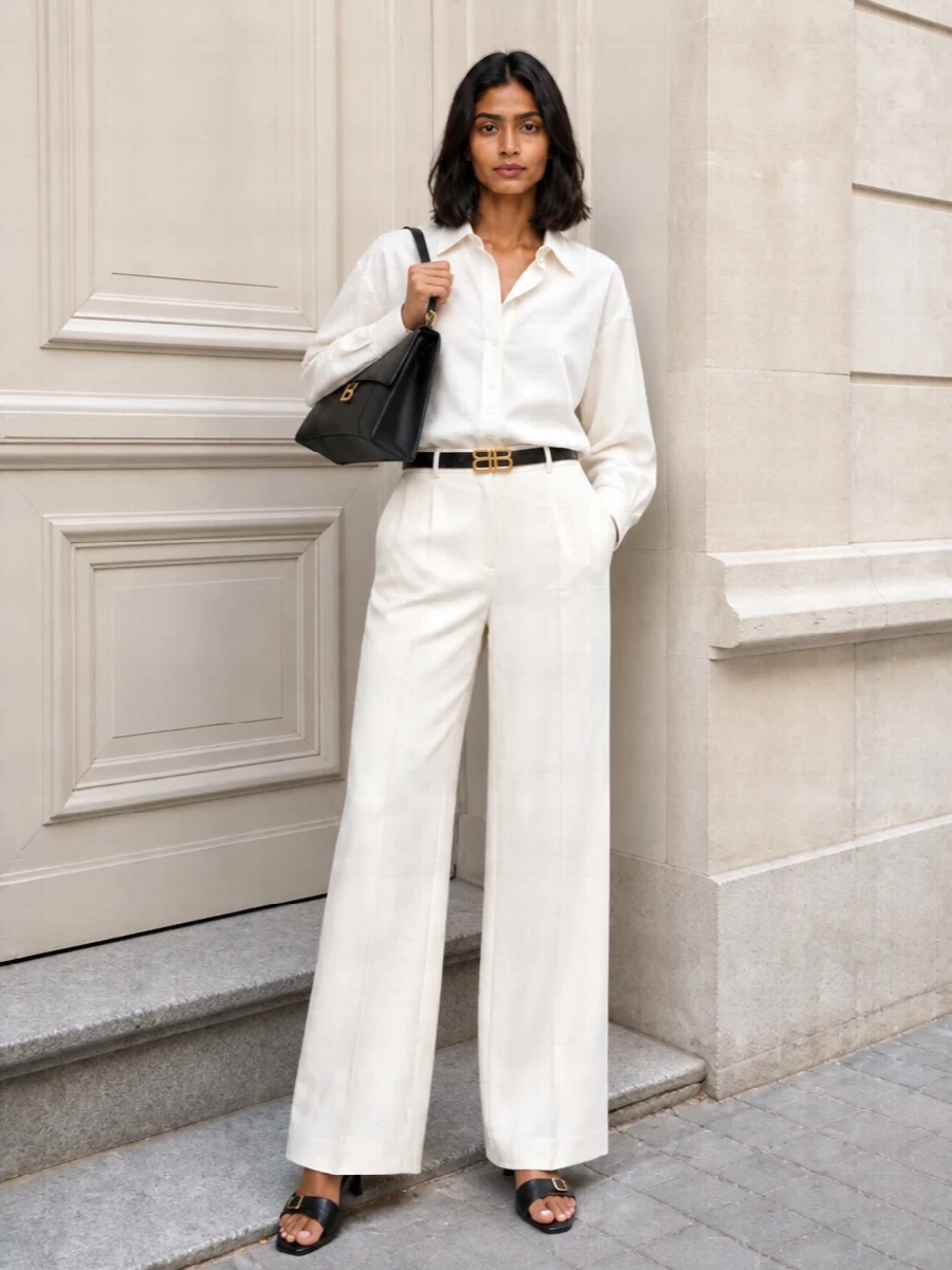 Balenciaga ivory shirt wide leg trousers outfit