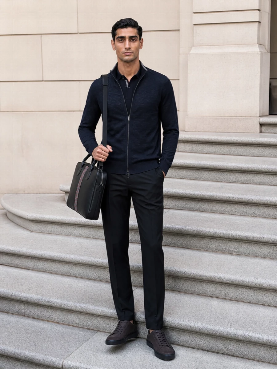 Paul smith navy zip cardigan black trousers outfit