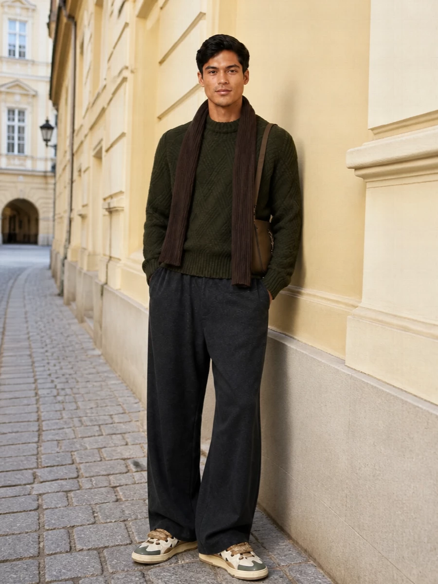 Lanvin olive sweater wide leg charcoal trousers