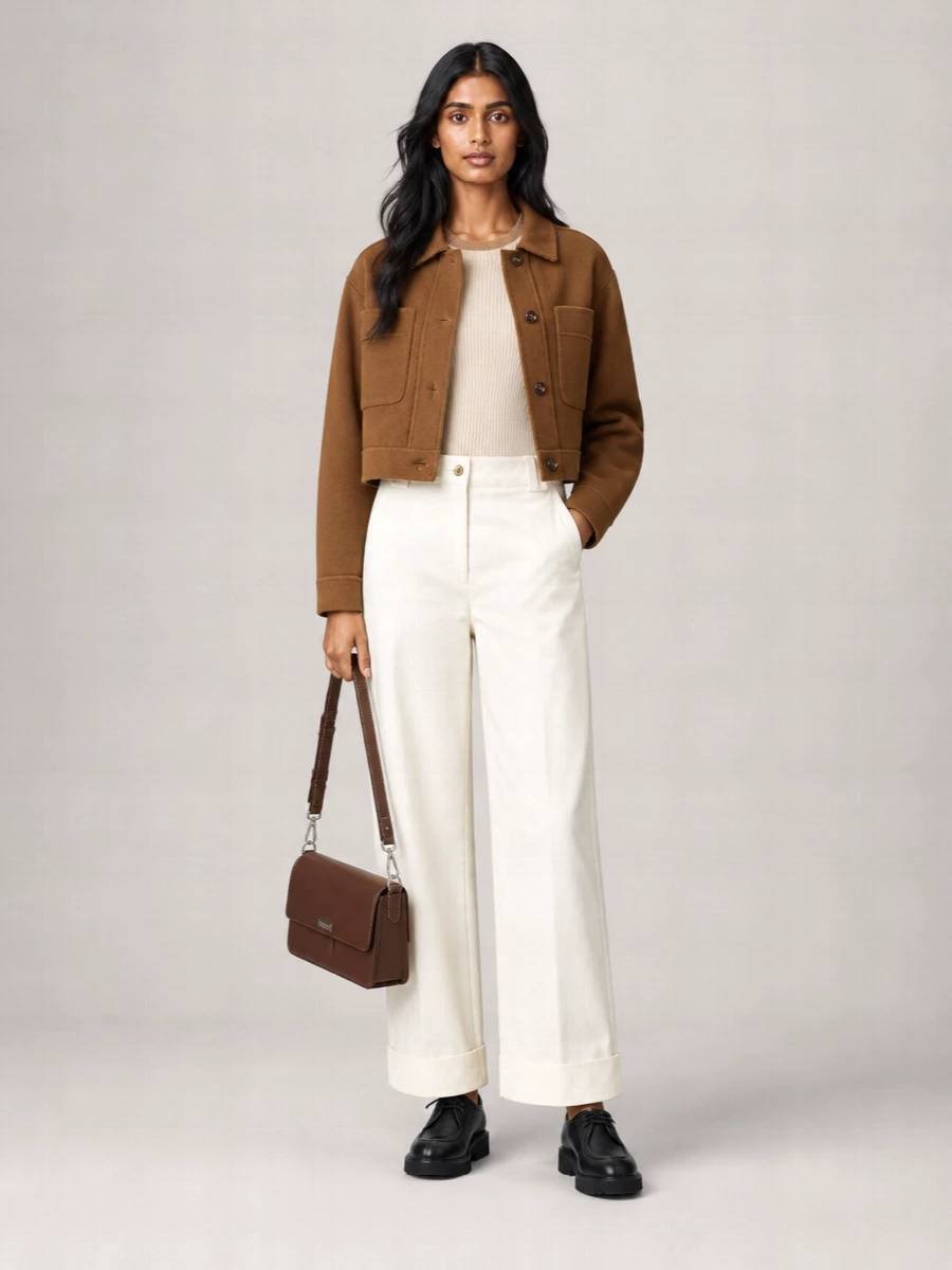 I am building around the jacket with tailored separates rather than a dress, because the cropped outerwear reads most modern over a high-rise trouser and knit pairing. The result is a quiet, tonal mix of camel and ivory anchored by black accessories, polished enough for the office yet relaxed for city days. The proportions stay sharp at the waist and ankle, letting the boxy jacket and subtle volume on top feel deliberate, not bulky.