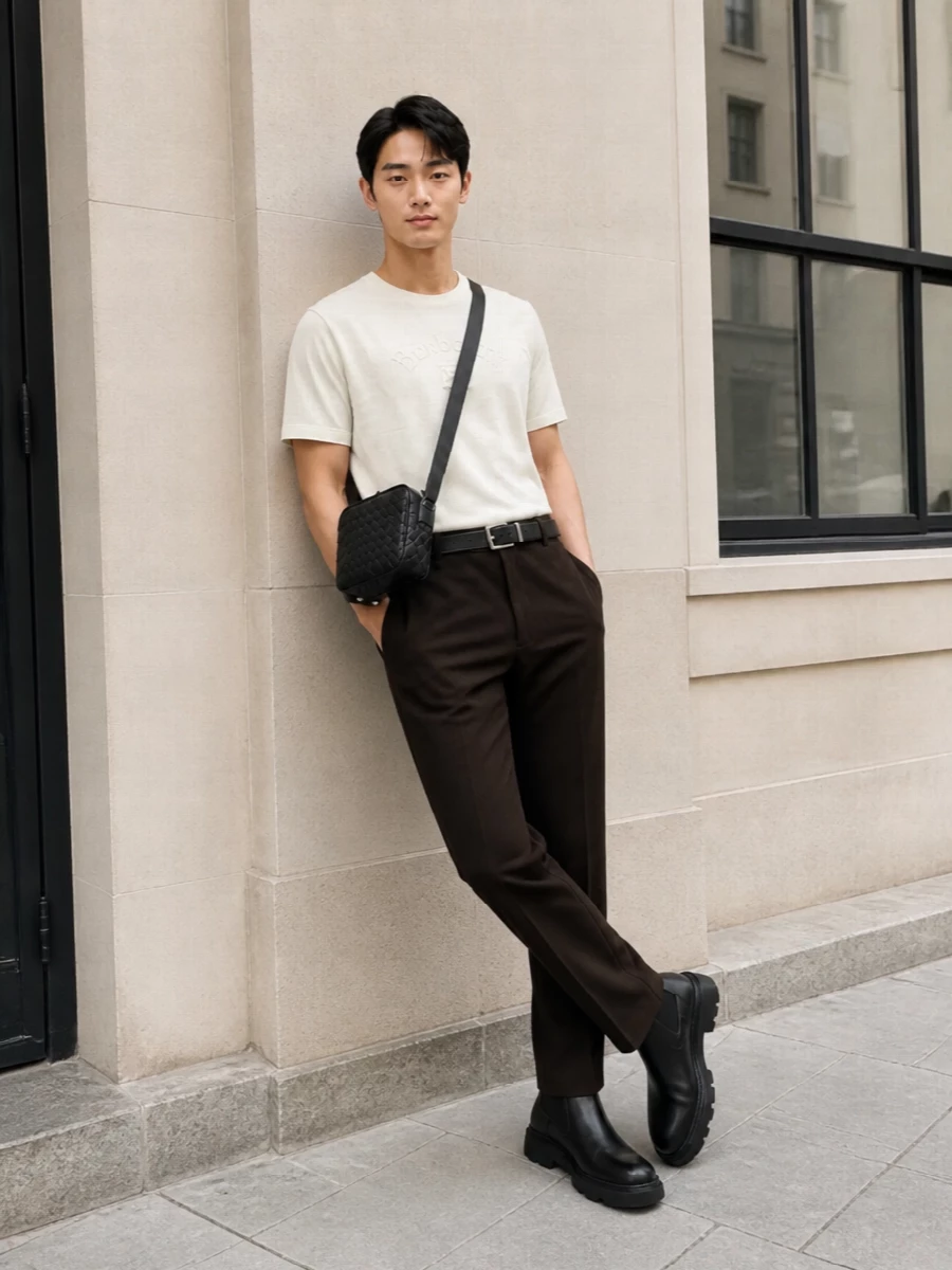 An off-white Burberry tee sits over dark chocolate tailored trousers for a warm, tonal base that feels polished but easy. Black chunky Chelsea boots and a black intrecciato crossbody sharpen the look, while a discreet black belt finishes it with quiet, textural luxury. The result is a clean FW uniform that reads minimalist, modern and effortlessly put-together.