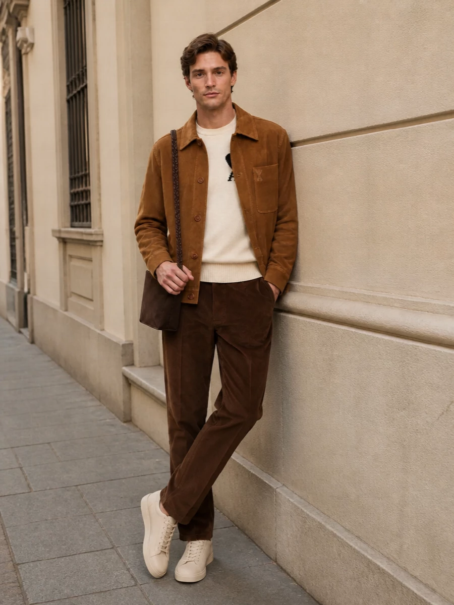 Ami paris camel suede jacket cord trousers outfit