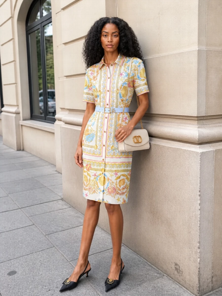 Versace’s baroque shirt dress is framed with a whisper of structure at the waist and finished with creamy leather and black satin accents for balanced, modern glamour. The kitten slingbacks keep the mood dressy yet relaxed, while the buttercream shoulder bag and sky-blue belt stay within the soft ivory, gold and pastel palette. It is romantic, polished and ready for lunches that easily slide into cocktails by the water.