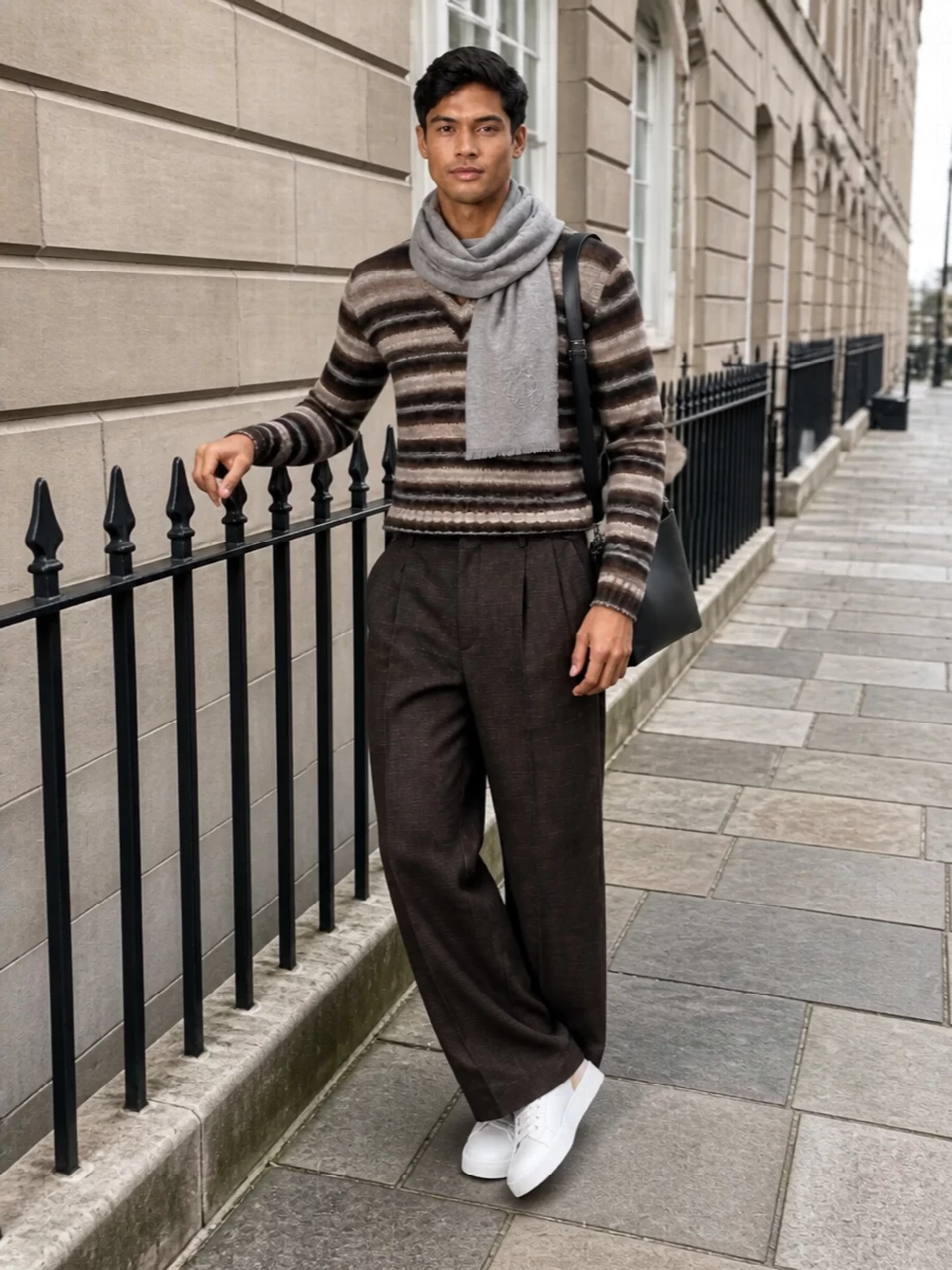 Espresso and taupe tones sit quietly against soft grey stripes, with the wide-leg trouser mirroring the knit’s ease while staying sharply pleated. Clean white sneakers and a slim black shoulder bag keep the mood modern and discreet, with a soft grey scarf adding just enough contrast for winter city days.