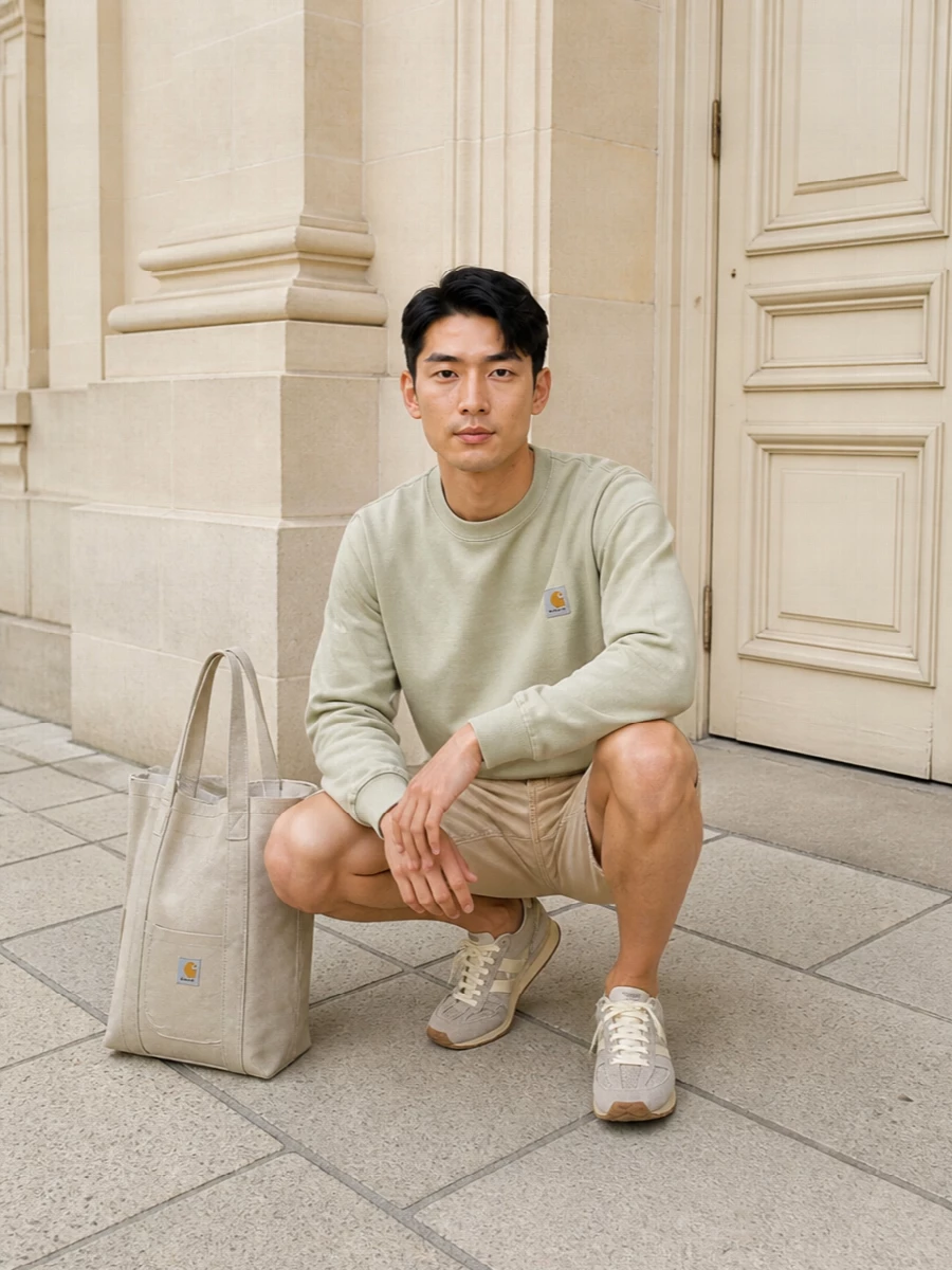 Carhartt shorts sage crewneck new balance runners