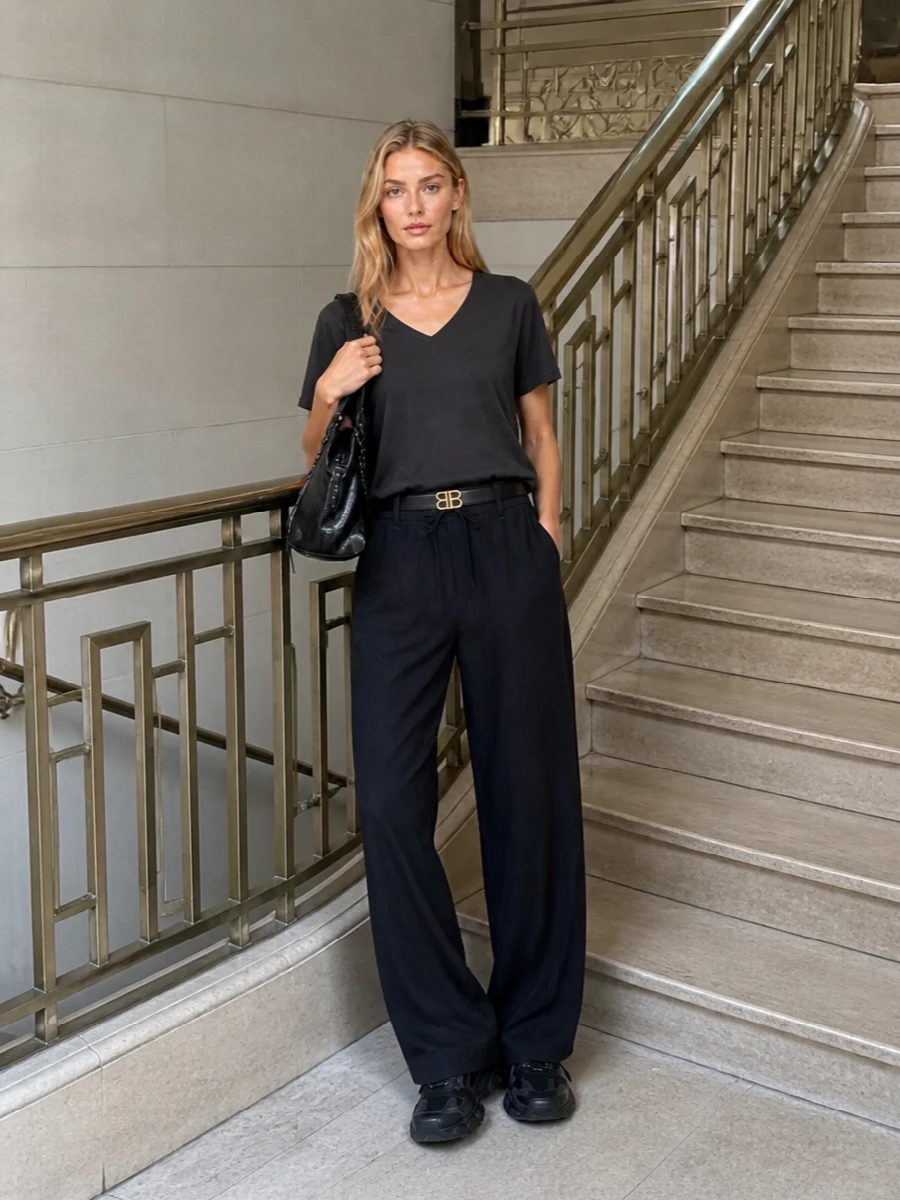 Balenciaga black wide leg trouser chunky sneaker outfit
