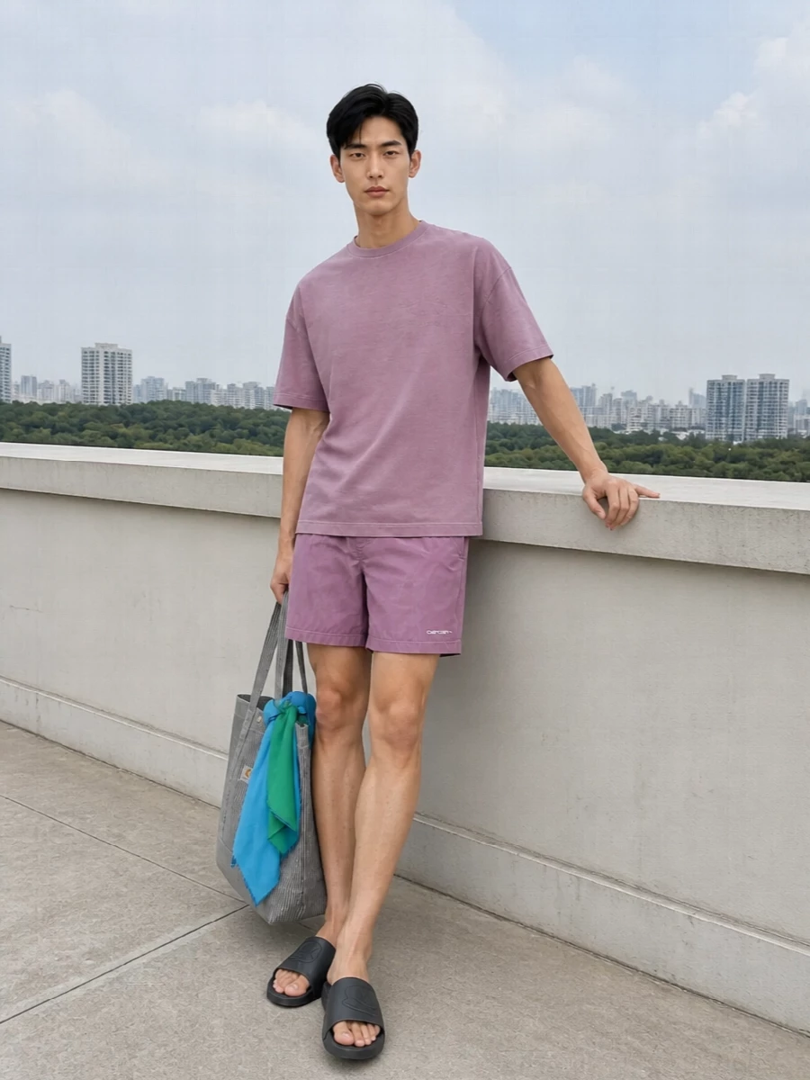 Carhartt wip mauve swim shorts lilac tee slides