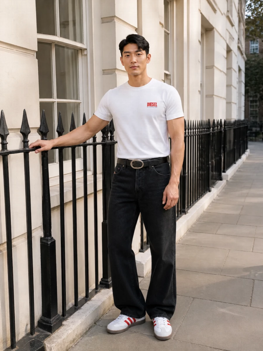 A white Diesel logo tee sits against washed black denim for a clean, city-ready base that feels graphic but not loud. Off-white and red Adidas trainers echo the chest logo, keeping the palette tight while adding a subtle retro sport note. A charcoal A.P.C. tote and a single bold Diesel belt finish it with just enough structure and branding to feel considered without losing ease.