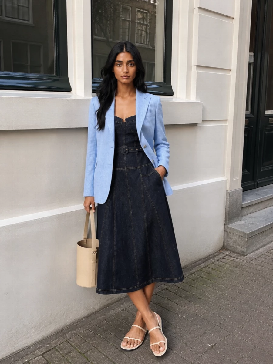 A dark indigo corseted dress is softened with butter-toned accessories for a quietly composed city outfit. Flat strappy sandals and a structured bucket keep the line clean and intentional while staying easy for all-day wear. The palette stays tight and refined, letting the stitching and belt detailing stay in focus without any competing elements.
