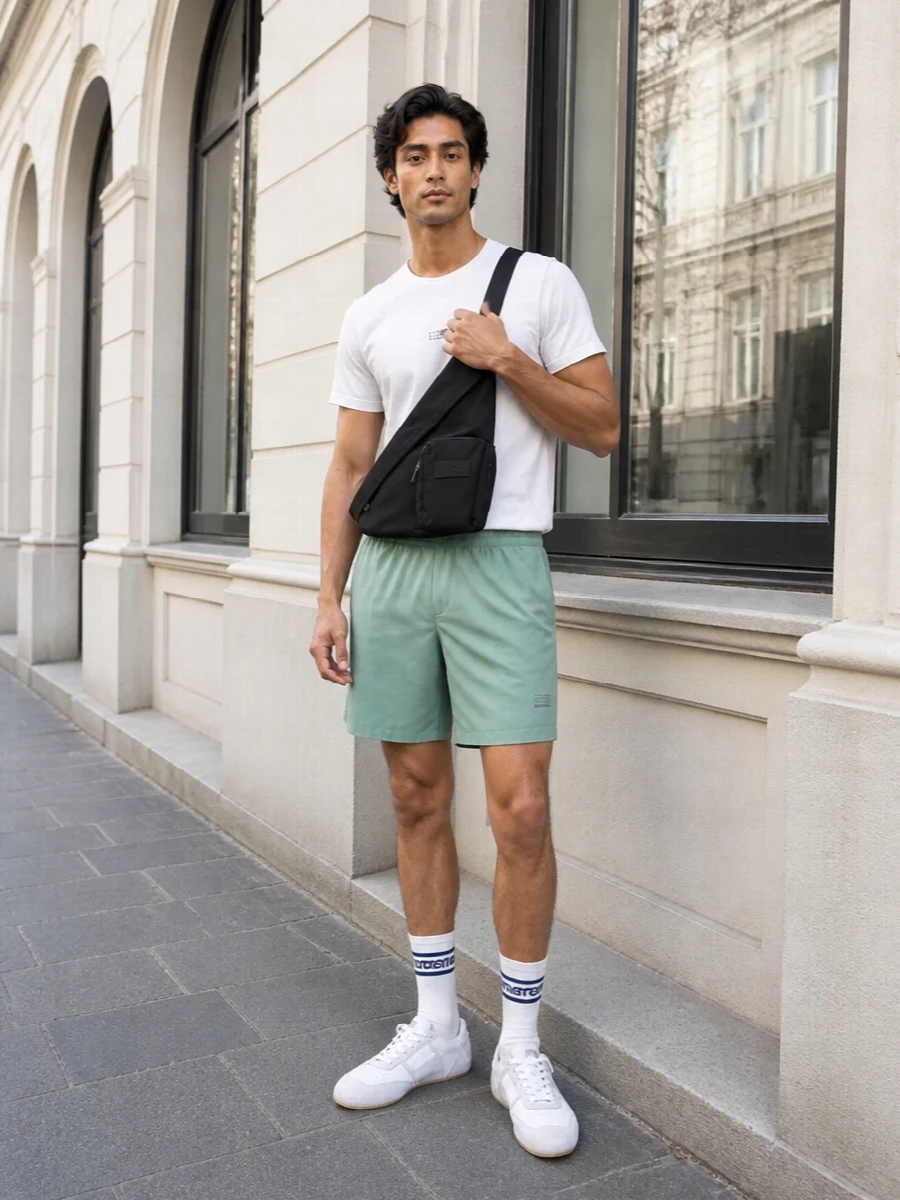 Mm6 sage shorts white tee sneakers