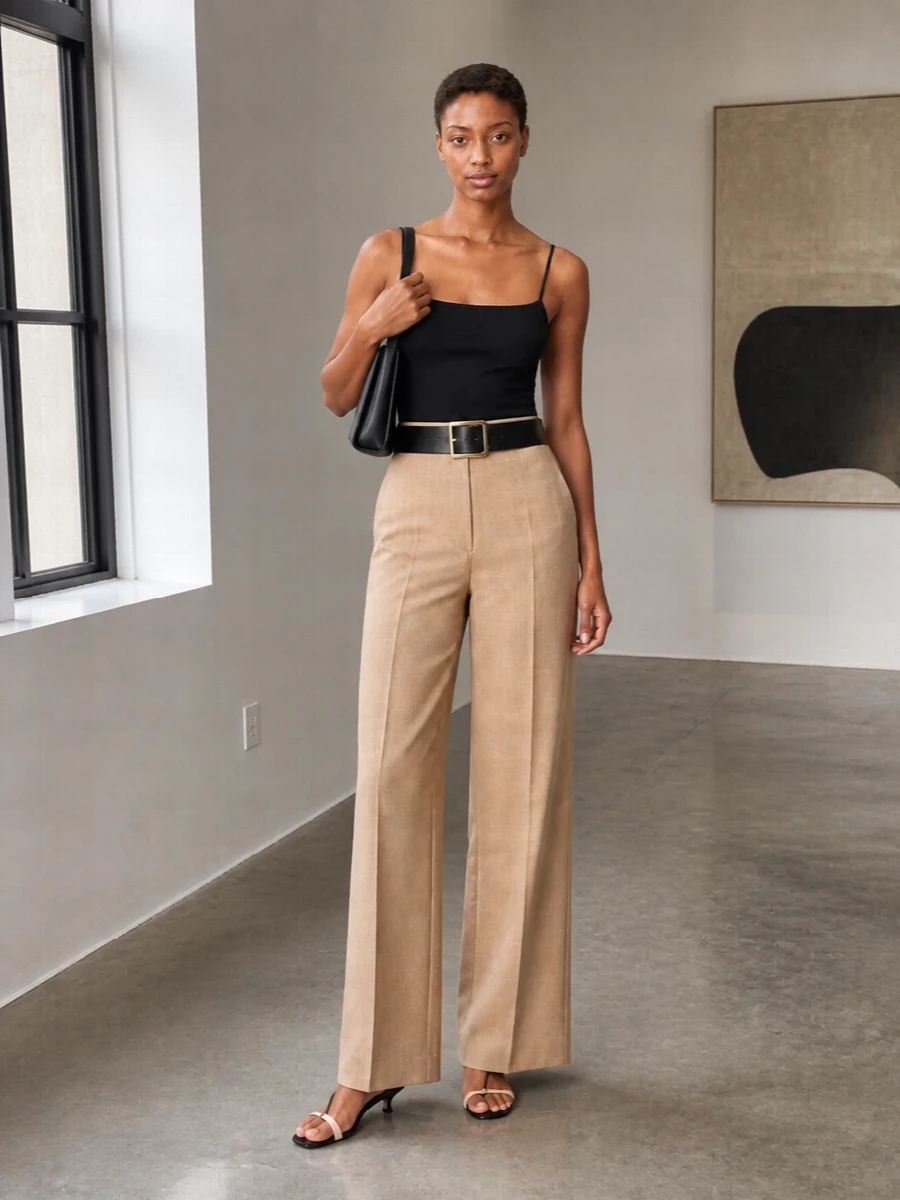 A slim black camisole tucks into high-rise camel wide-leg trousers, giving a long, quiet column with a subtle play of structure and ease. Black kitten-heel mules and a sleek black shoulder bag echo the top, keeping the palette disciplined while the belt quietly defines the waist. It is a city-ready evening ensemble that feels polished without ever reading overdone.