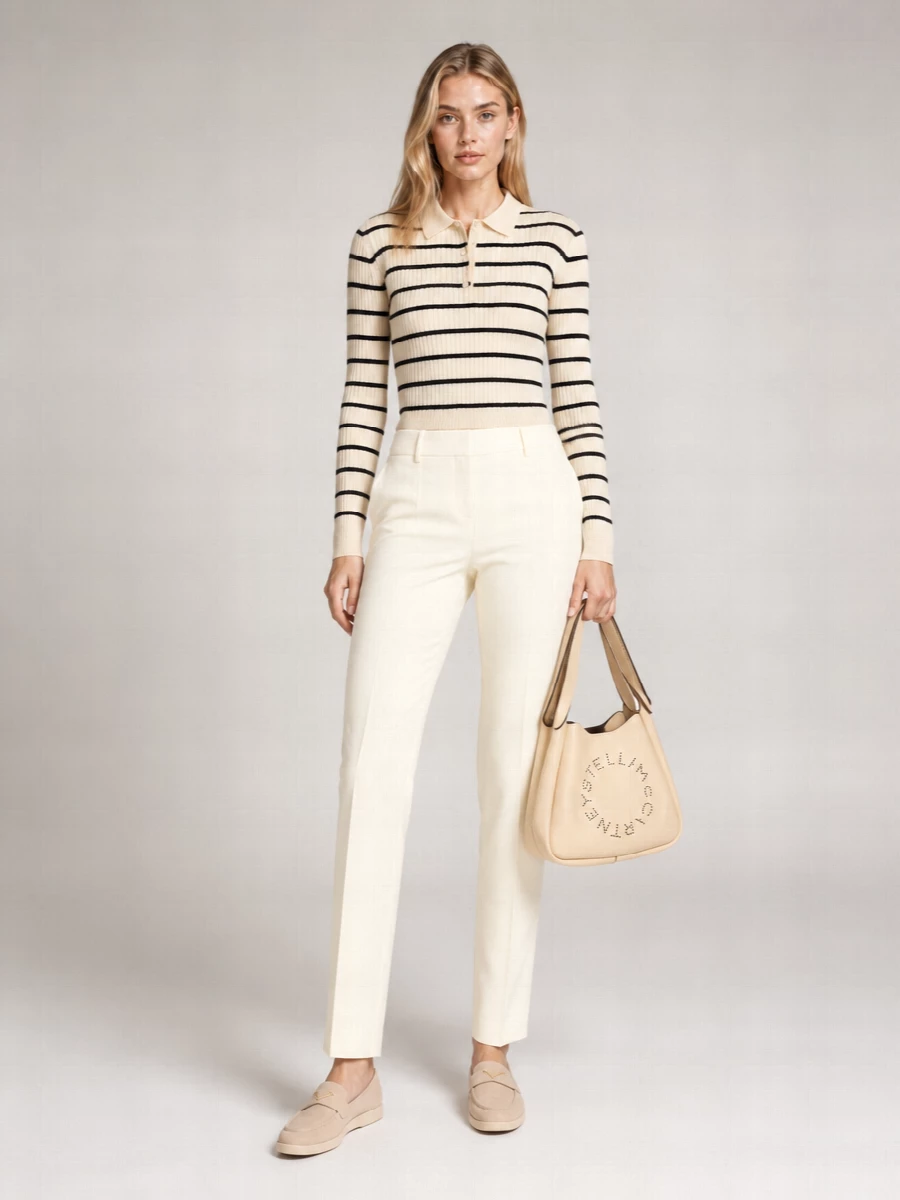 Max Mara Cashmere Silk Ribbed Striped Long-Sleeve Polo Top
