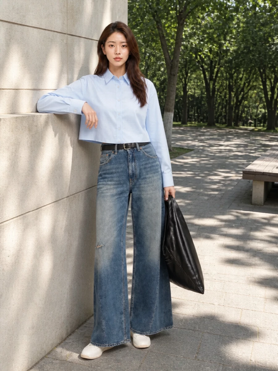 Mm6 wide leg jeans cropped blue shirt outfit