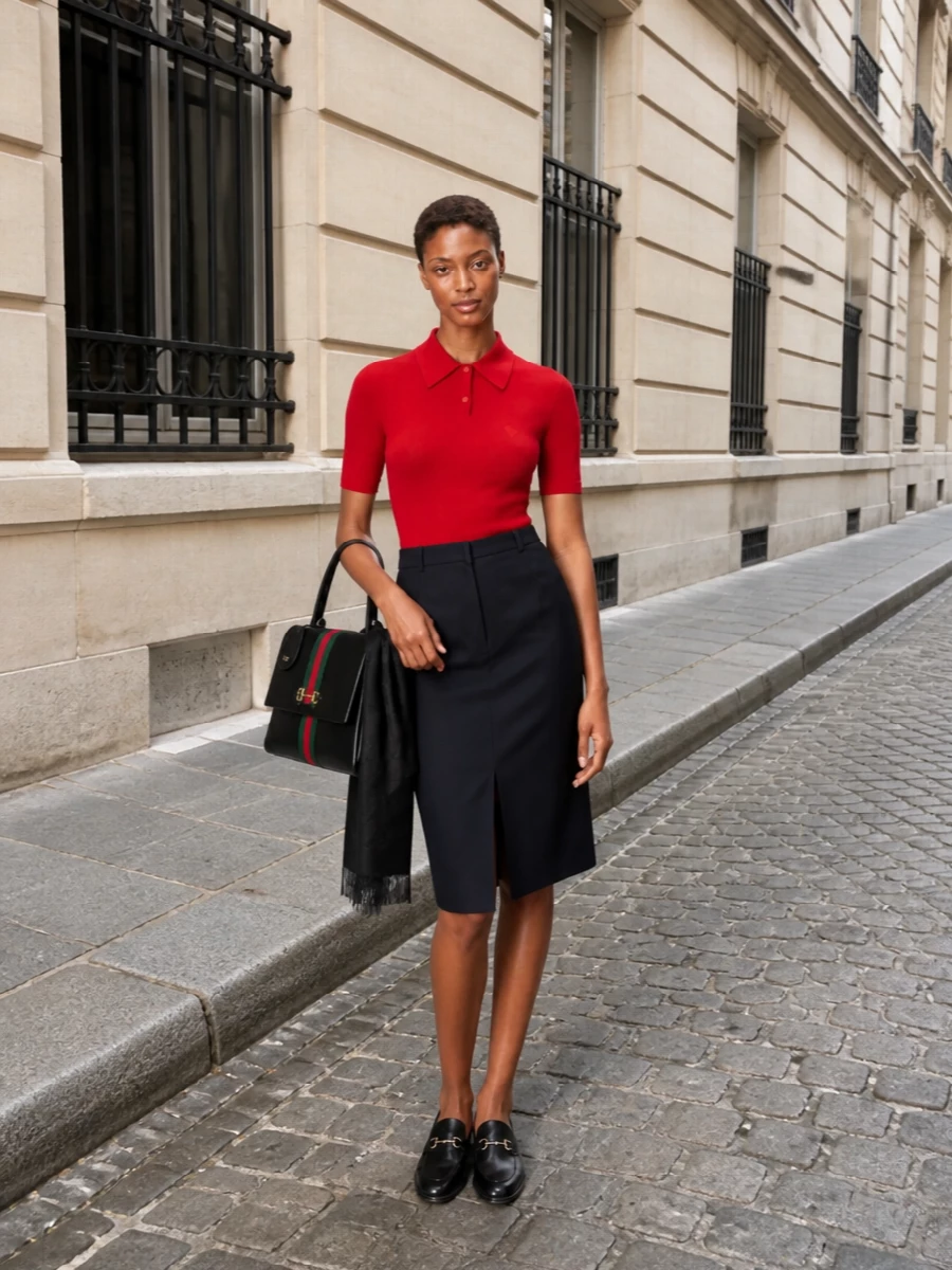 The saturated red knit polo is sharpened by a precise navy pencil skirt, keeping the color statement focused and refined. Black loafers and a structured black top-handle bag anchor the palette in minimalist tailoring, while a discreet tonal-logo scarf adds quiet texture for cooler days. The result is a polished city uniform that feels confident, modern and unmistakably Gucci without shouting in logos.