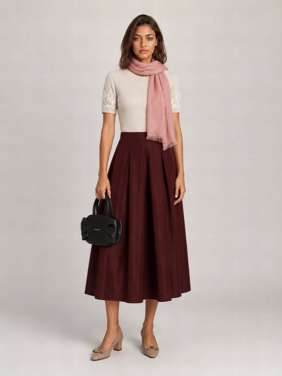 Alberta Ferretti Cashmere Mock Neck Ribbed Knit T-Shirt