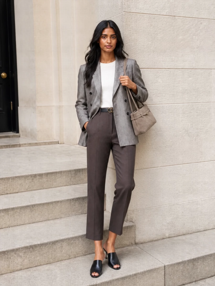 Tagliatore blazer taupe cropped trousers outfit