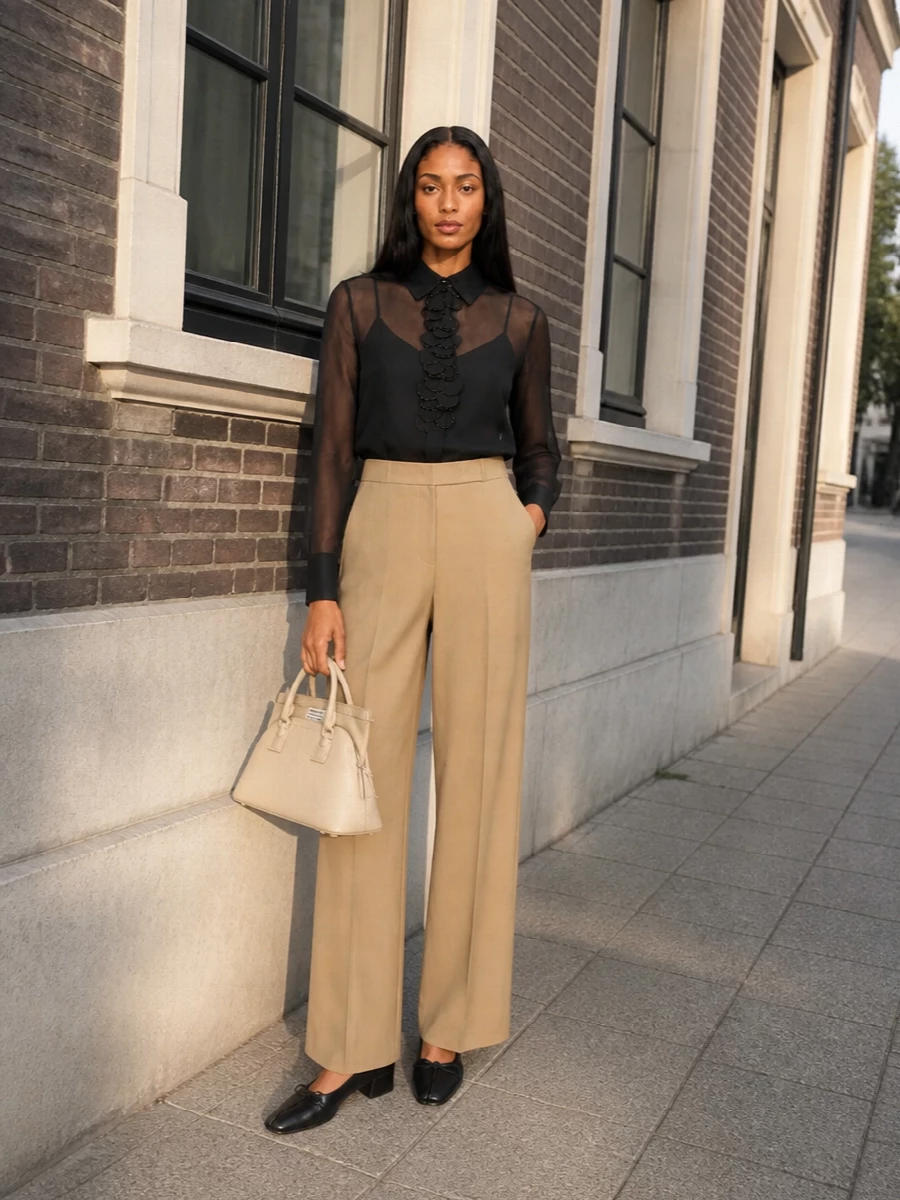 Camel wide‑leg tailoring meets a sheer black blouse for a refined, after‑hours take on power dressing. The softly structured cream top‑handle bag and low black pumps keep the palette calm and modern while preserving a precise, elongated line. It is an understated city ensemble that moves from boardroom days to restaurant evenings with quiet confidence.