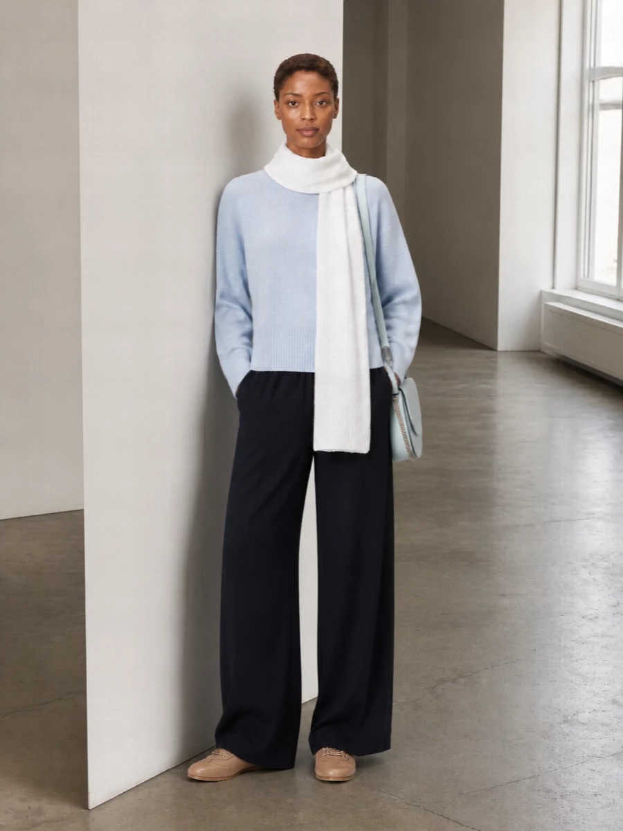 Loulou studio ice blue sweater navy wide leg trouser
