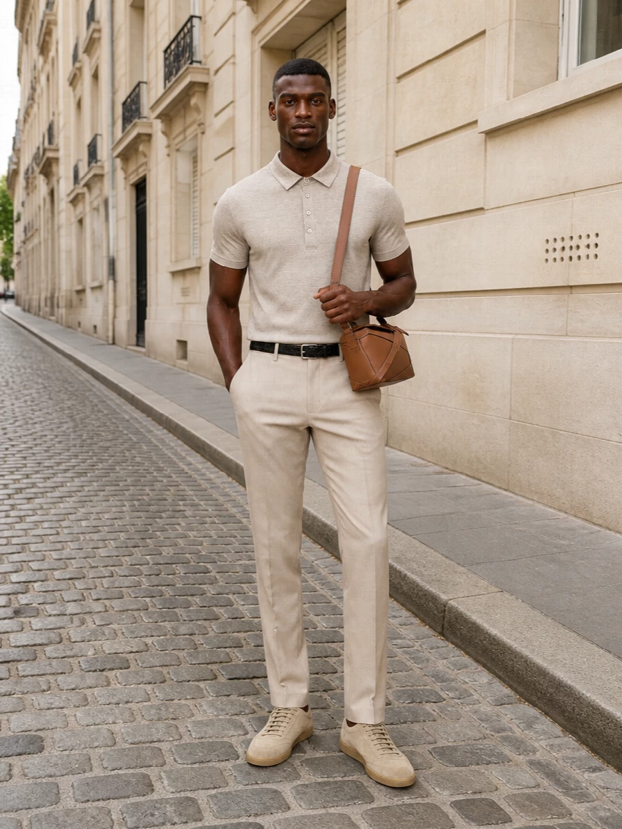 This look builds a refined tonal story around the beige Zegna polo, pairing it with light-beige tailored trousers for a clean, elongated silhouette that reads relaxed yet distinctly polished. Sand suede sneakers keep the mood contemporary and effortless, while the tan geometric Loewe bag and discreet black Bottega belt introduce just enough contrast and texture to underline the quiet-luxury aesthetic without breaking the serenity of the neutrals.