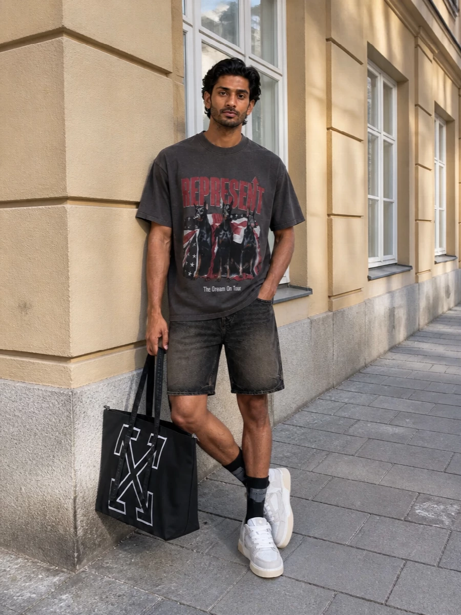Represent graphic tee denim shorts sneakers
