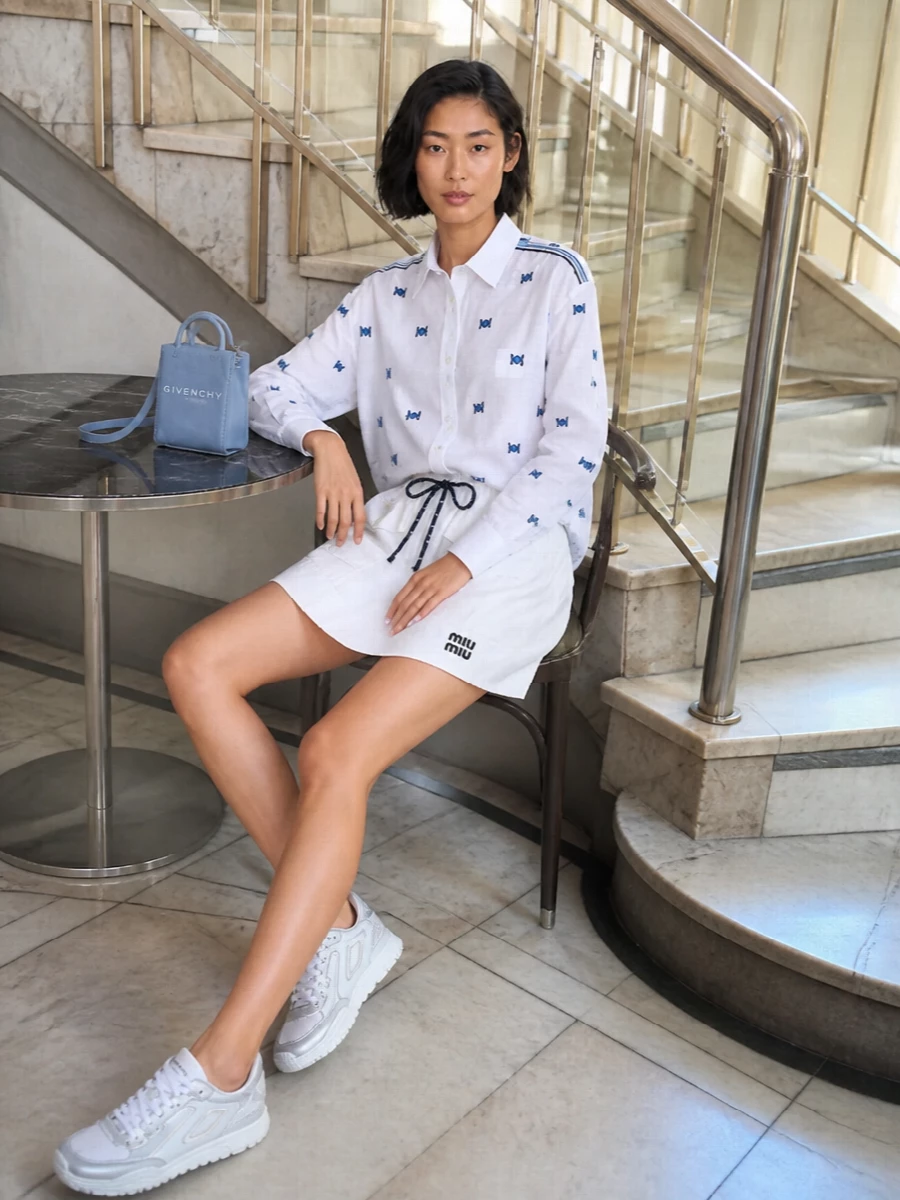 A crisp white-and-navy base is treated like modern street-preppy sportswear, pairing the nautical mini with an embroidered shirt that feels graphic yet polished. Metallic-trim sneakers keep the mood relaxed and agile, while the powder-blue mini tote adds a precise hit of colour that stays firmly in the luxury lane. Wear it for sunlit city days when you want practical ease without losing the sharp edge.