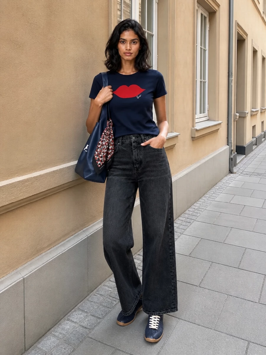 Kenzo lip tee wide leg jeans navy sneakers