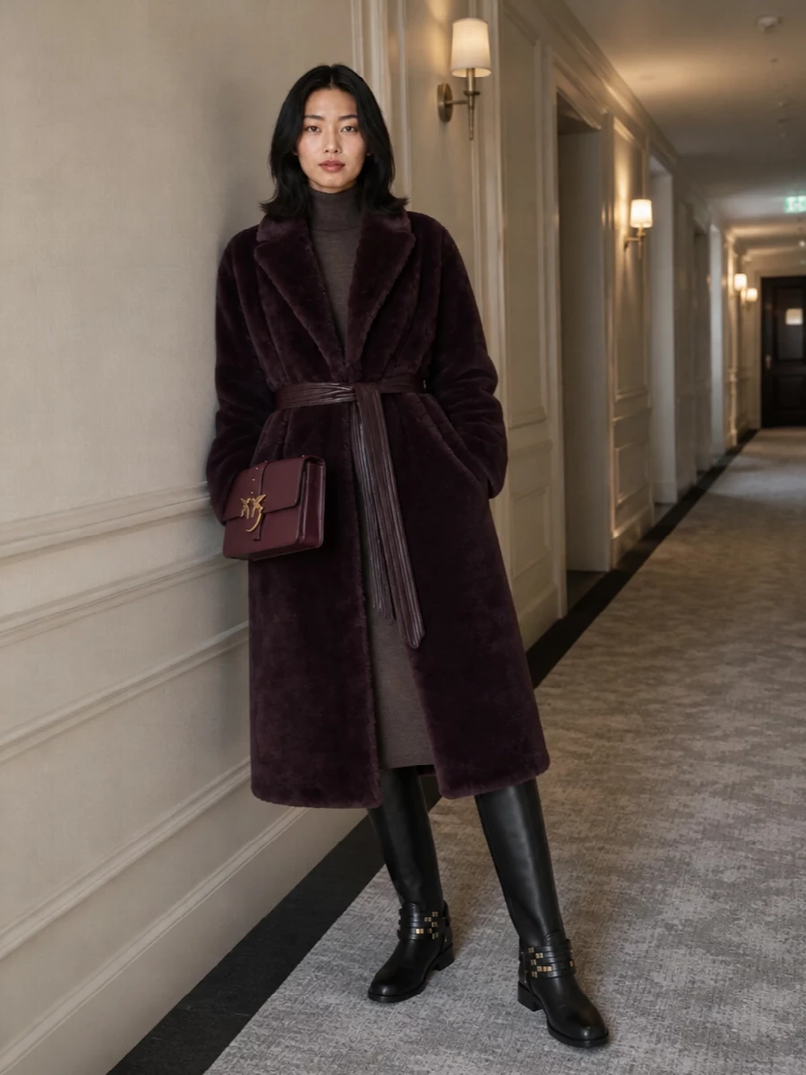 Pinko faux fur coat mocha knit dress outfit