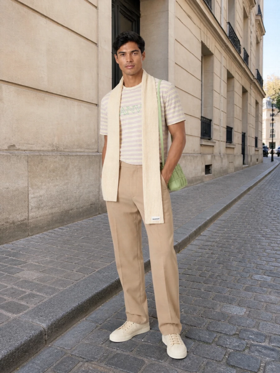 Lanvin striped tee camel trousers prada sneakers